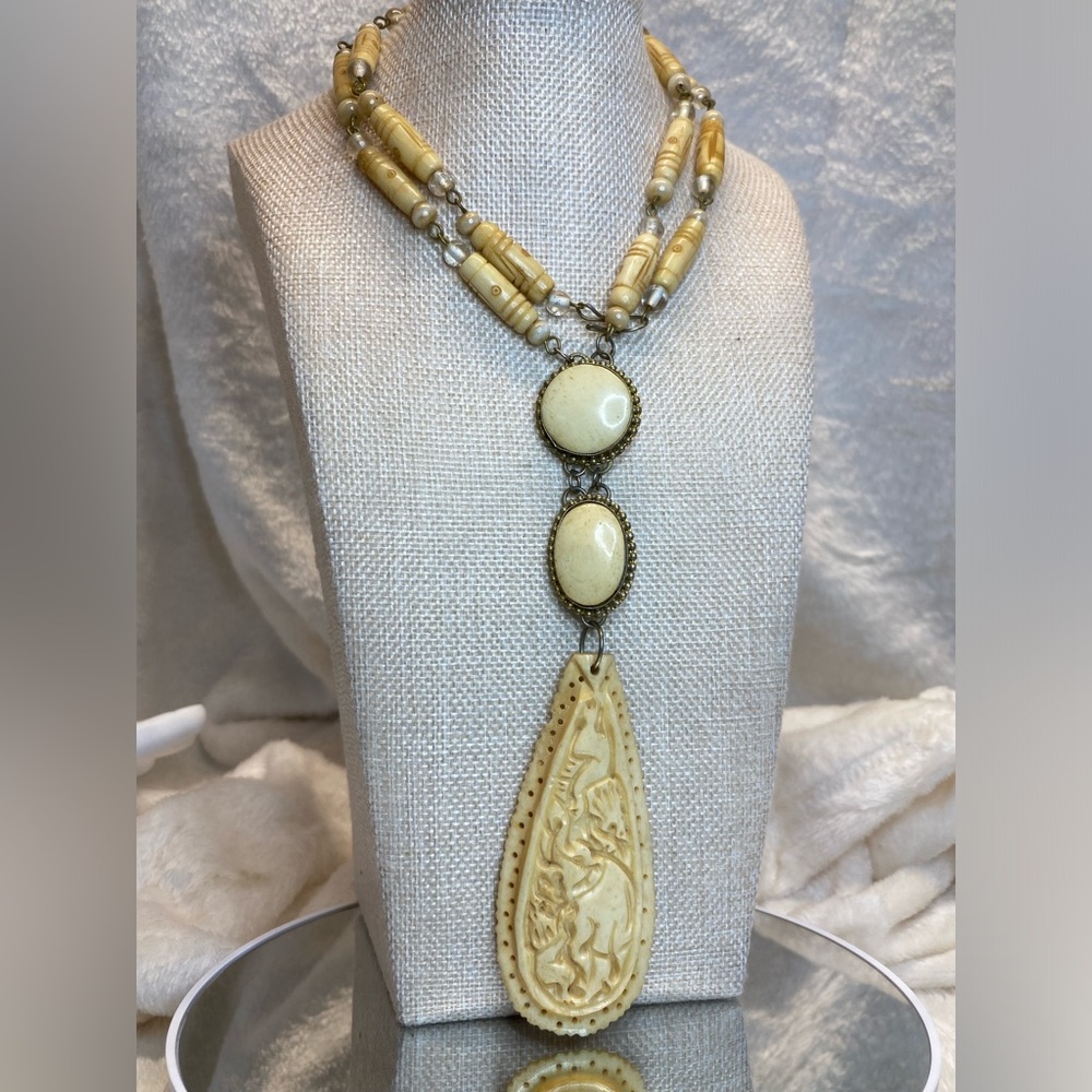 Beautiful Ox Bone Hand Carved Necklace With Elephant Carved Pendant